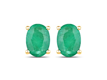Picture of Oval Zambian Green Emerald and 10K Yellow Gold Stud Earrings 1.44 ctw