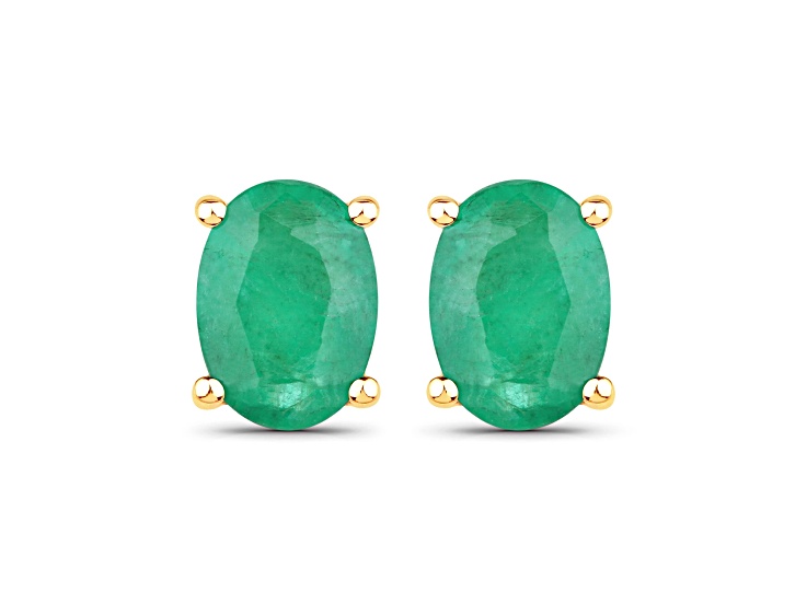 Oval Zambian Green Emerald and 10K Yellow Gold Stud Earrings 1.44 ctw