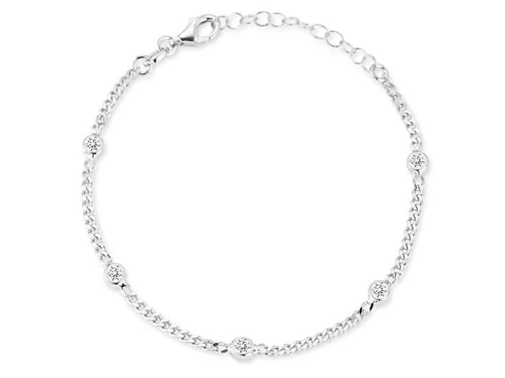 Rachel Zoe Rhodium Over Sterling Silver Cubic Zirconia Station Curb Chain Bracelet