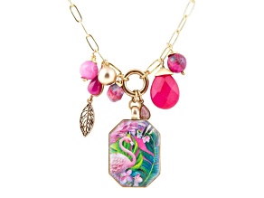 Barse Jewelry Pink Agate & Multi-Gemstone Gold Tone Flamingo Charm Necklace