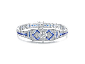 Clear & Sapphire Blue Cubic Zirconia, Rhodium Plated over Sterling Silver Link Bracelet