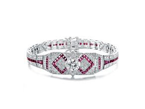 Clear & Ruby Red Cubic Zirconia, Rhodium Plated over Sterling Silver Link Bracelet