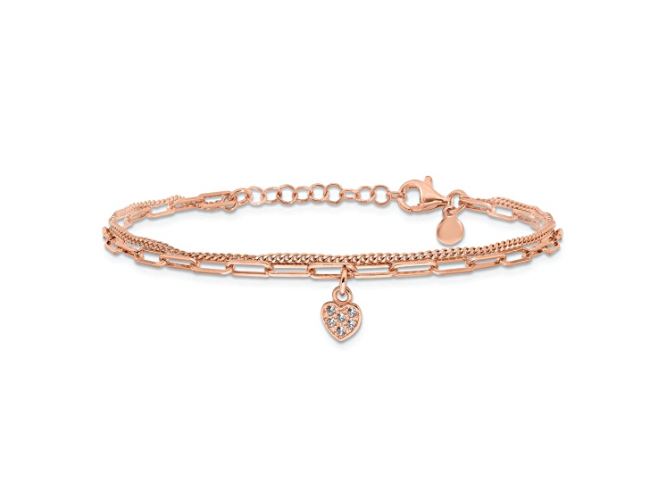 18K Rose Gold Over Sterlng Silver Cubic Zirconia Heart 6.75 Inch with 1 Inch Extension Bracelet