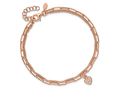 18K Rose Gold Over Sterlng Silver Cubic Zirconia Heart 6.75 Inch with 1 Inch Extension Bracelet