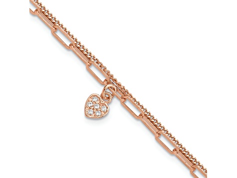 18K Rose Gold Over Sterlng Silver Cubic Zirconia Heart 6.75 Inch with 1 Inch Extension Bracelet