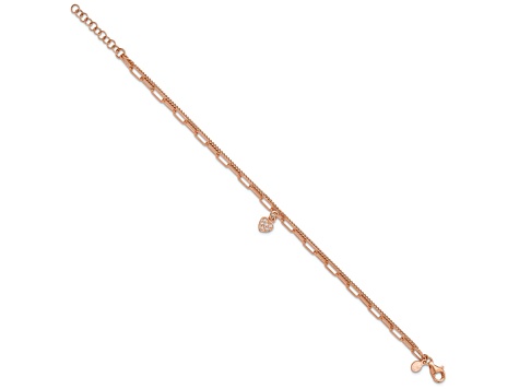 18K Rose Gold Over Sterlng Silver Cubic Zirconia Heart 6.75 Inch with 1 Inch Extension Bracelet