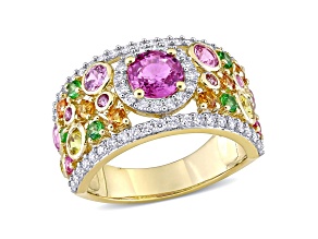 Pink, Orange Sapphire, Tsavorite and Diamond 14K Yellow Gold Ring 3.07ctw