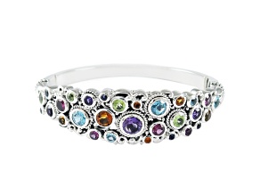 Silver Treasures by Samuel B. Multi-Gemstone Sterling Silver Cluster Hinged Bangle Bracelet 18.40ctw