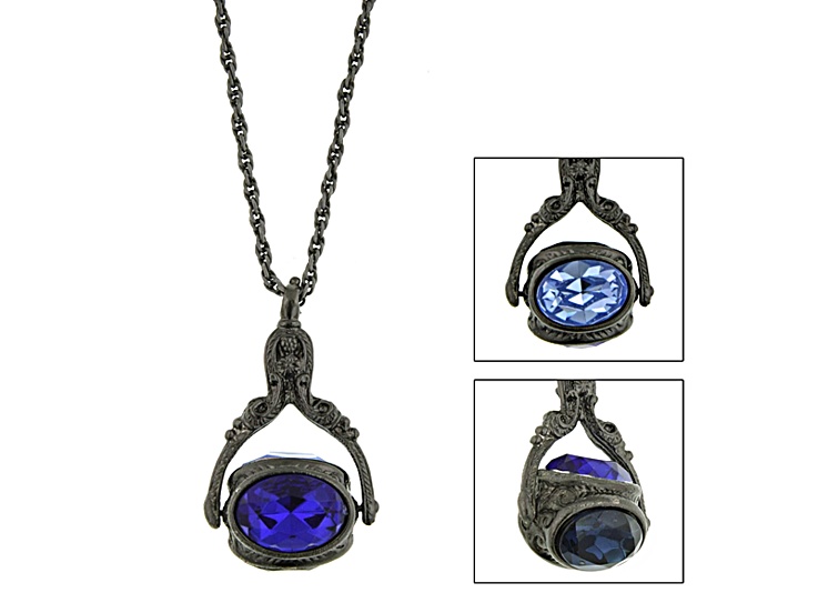 1928 Jewelry Black Tone Base Metal Crystal 3 Sided Spinner Necklace 30"