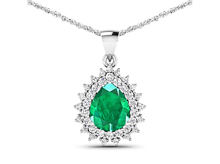 2.85ctw 14K White Gold Zambian Emerald and White Diamond Pendant with 18 inch Cable Chain