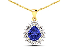 3.25ctw 14K Yellow Gold Tanzanite and White Diamond Pendant with 18 inch Cable Chain