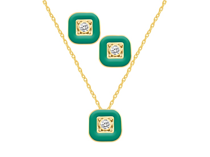 White Crystal and Green Enamel Brass Jewelry Set- Stud Earrings, Pendant w/17 Inch Chain+ 2 in Ext