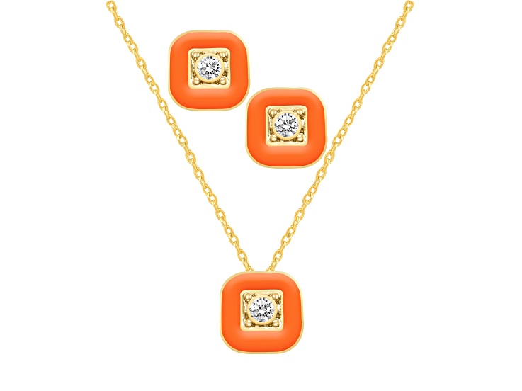 White Crystal and Orange Enamel Brass Jewelry Set- Stud Earrings, Pendant w/17 Inch Chain+ 2 in Ext