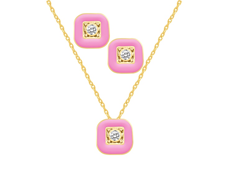 White Crystal and Pink Enamel Brass Jewelry Set- Stud Earrings, Pendant w/17 Inch Chain+ 2 in Ext