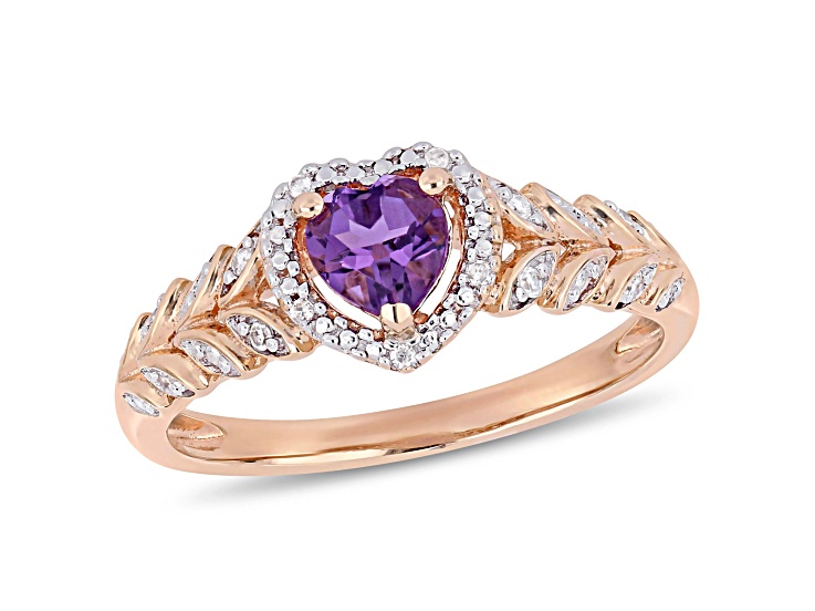 Amethyst and Diamond 10K Rose Gold Heart Ring 0.45ctw