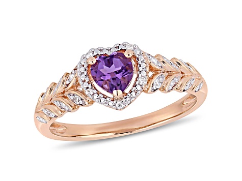 Amethyst and Diamond 10K Rose Gold Heart Ring 0.45ctw