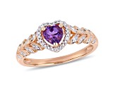Amethyst and Diamond 10K Rose Gold Heart Ring 0.45ctw