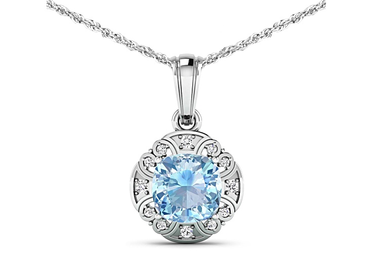 1.48ctw 14K White Gold Aquamarine and White Diamond Pendant with 18 inch Cable Chain