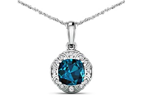 2.15ctw 14K White Gold Blue London Blue Topaz and White Diamond Pendant with 18 inch Cable Chain