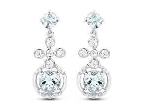 Blue Aquamarine and White Zircon Sterling Silver Dangle Drop Earrings