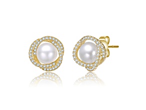 Clear Cubic Zirconia & Mother of Pearl, 14K Gold Plated over Brass with Stud Earrings