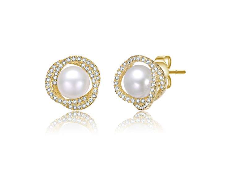 Clear Cubic Zirconia & Mother of Pearl, 14K Gold Plated over Brass with Stud Earrings