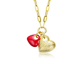Red Enamel, 14K Gold Plated with Link Chain Hearts Necklace for Kids