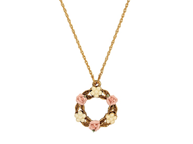 Yellow Base Metal With 14K Gold Dipped Round Faux Pearl Porcelain Flower Necklace 16" Adj.