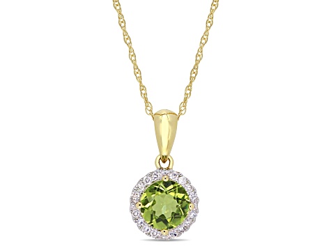 Peridot & Diamond 10K Yellow Gold Halo Pendant With Chain 1.00ctw