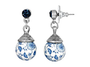 1928 Jewelry Silver Tone Round Blue Willow Beaded Drop Earring