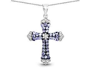 Violet Tanzanite and White Zircon Sterling Silver Cross Pendant with Chain