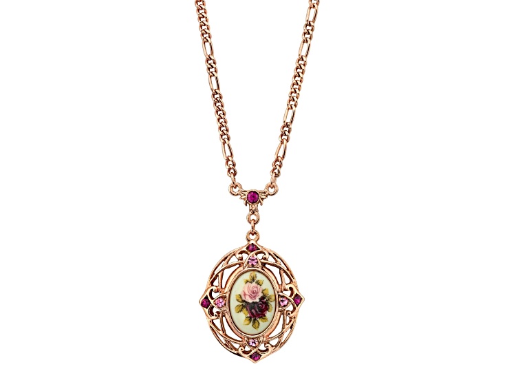 1928 Jewelry Rose Tone Base Metal Purple Crystal Flower Pendant With Chain 28 Inch