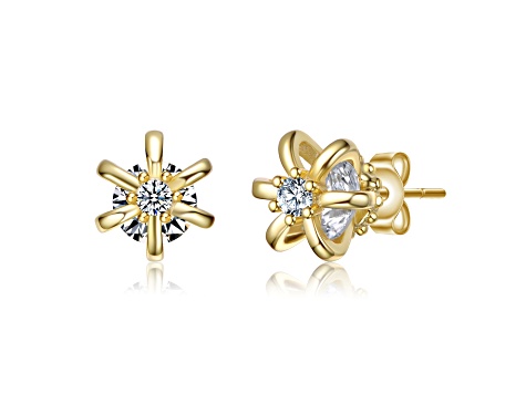 Clear Cubic Zirconia, 14K Gold Plated over Brass Accents Flower Stud Earrings for Kids