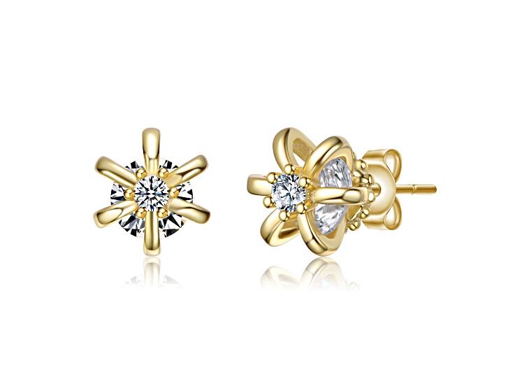 Clear Cubic Zirconia, 14K Gold Plated over Brass Accents Flower Stud Earrings for Kids