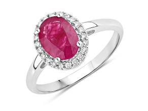 Oval Ruby and White Diamond 10K White Gold Halo Ring 1.59ctw