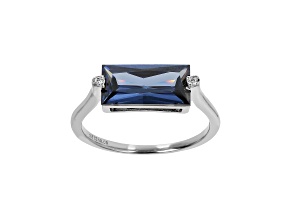 Blue Baguette and White Round Cubic Zirconia, Rhodium Over Silver Ring, 3.80 cttw