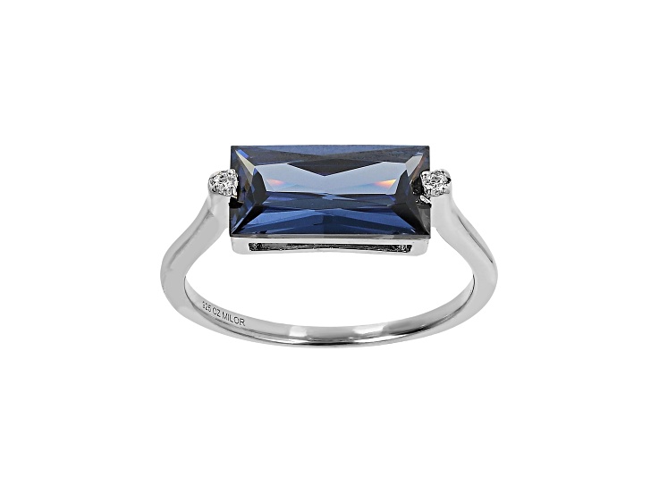 Blue Baguette and White Round Cubic Zirconia, Rhodium Over Silver Ring, 3.80 cttw
