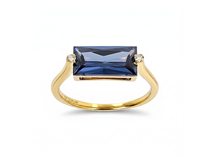 Blue Baguette and White Round Cubic Zirconia, 14K Yellow Gold Over Silver Ring, 3.80 cttw