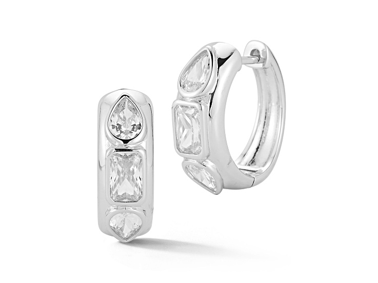 Rachel Zoe Rhodium Over Sterling Silver White Cubic Zirconia 3-Stone Hoop Earrings