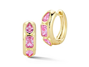 Rachel Zoe 14K Yellow Gold Over Sterling Silver Pink Cubic Zirconia 3-Stone Hoop Earrings