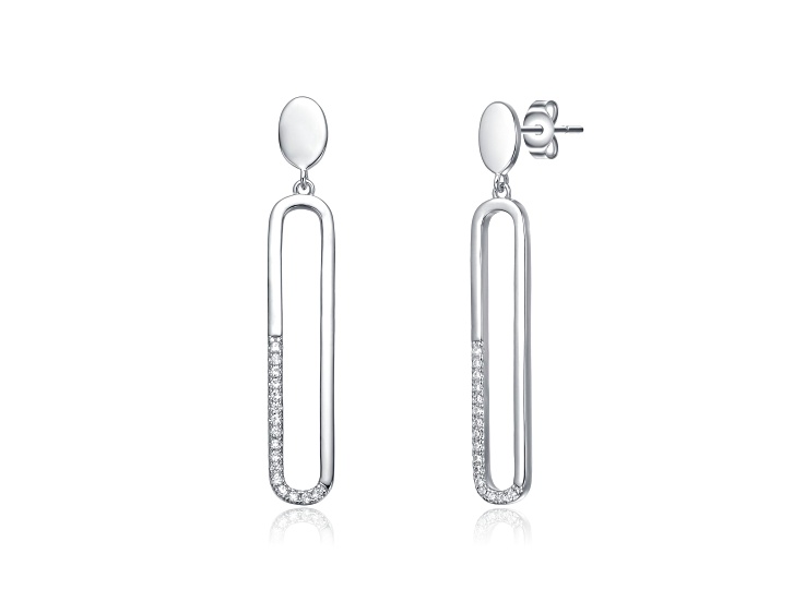 Clear Cubic Zirconia, Rhodium Plated over Sterling Silver Pave Accents Oval Drop Earrings