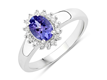 Picture of Violet Blue Tanzanite and Lab Grown Diamond Rhodium Over Silver Halo Ring 0.91ctw