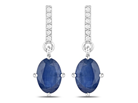 Blue Sapphire and White Diamond 10K White Gold Dangle Earrings For Women