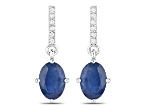 Blue Sapphire and White Diamond 10K White Gold Dangle Earrings For Women