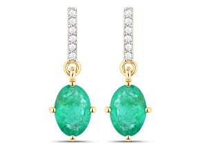 Green Zambian Emerald and White Diamond 10K Yellow Gold Dangle Earrings