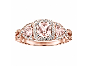Cushion and Trilliant Baby Pink Morganite Sterling Silver 3-Stone Halo Ring 1.18Cttw