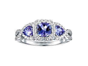 Cushion and Trilliant Tanzanite Sterling Silver 3-Stone Halo Ring 1.42Cttw