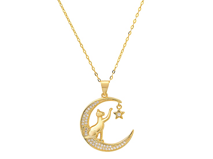 White Cubic Zirconia 14k Yellow Gold Over Sterling Silver Cat Pendant 0.20ctw