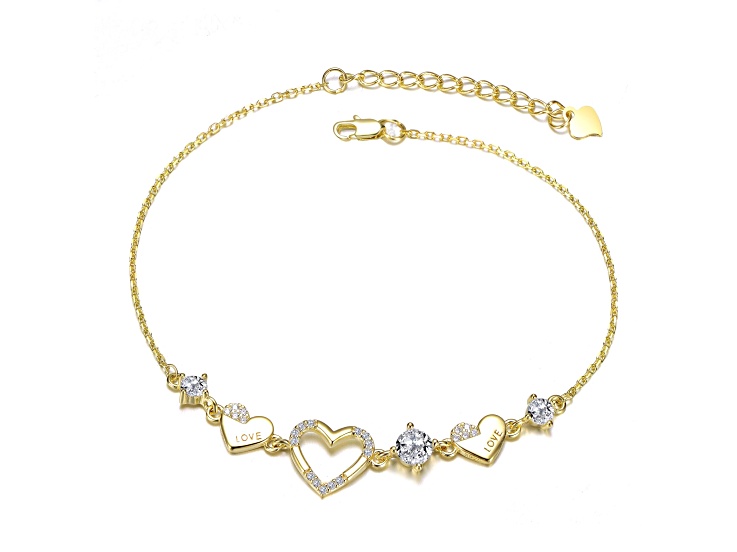 14K Gold Plated over Brass with Clear Cubic Zirconia Hearts Design Bracelet for Kids
