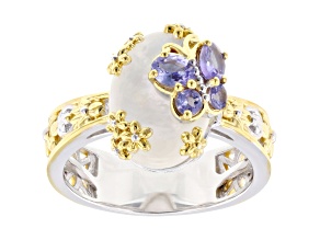 Blue Tanzanite and Mother of Pearl Rhodium & 24K Gold Over Palladium Sterling Silver Ring 0.53ctw